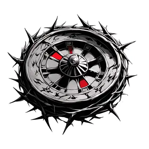 Broken roulette wheel wrapped in thorns tattoo design idea