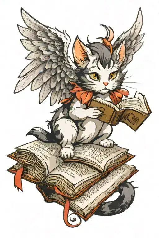A cat with wings reading a fantasy book tattoo design idea