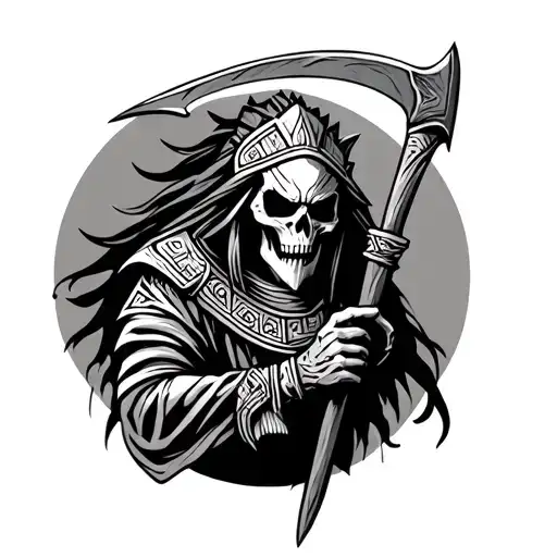 aztec reaper holding a scythe tattoo design idea