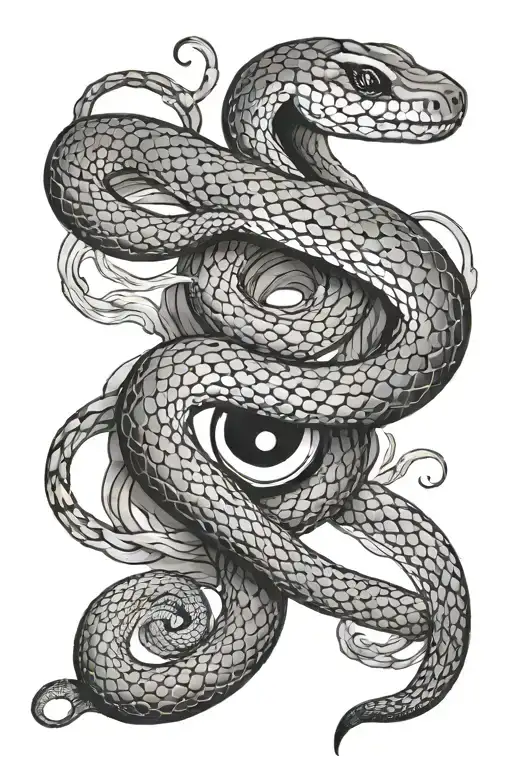 black and grey snake with yin yang eye tattoo design idea