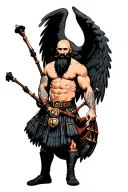bagpipes in left arm bald shirtless muscular bagpiper black beard with two huge black wings  tattoo design idea