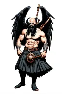 bagpipes in left arm bald shirtless muscular bagpiper black beard with two huge black wings  tattoo design idea
