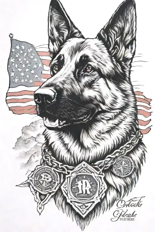 German shepherd portrait with bracelet saying "diabetes" mountain scene American flag tattoo design idea