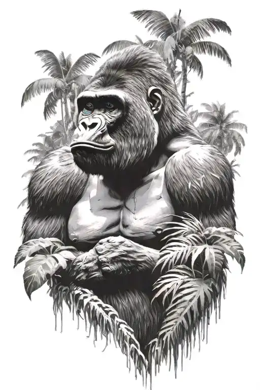calm gorilla in the jungle with a waterfall in. the background  tattoo design idea