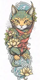 happy smiling ninja cat, katana, water, waves, lotus, sakura, clouds, whirlpool, leaves, peony, sunset tattoo design idea