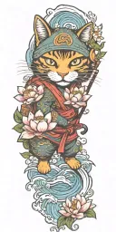 happy smiling ninja cat, katana, water, waves, lotus, sakura, clouds, whirlpool, leaves, peony, sunset tattoo design idea