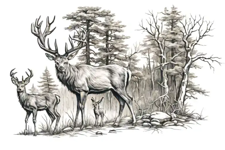 deer with family in  a forest  tattoo design idea