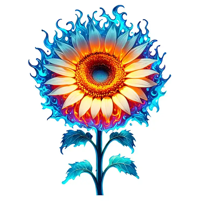 sunflower (just the flower) in fire and ice colors. with flames and waves coming off the pedals tattoo design idea