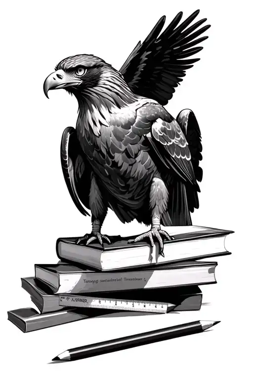 A realistic portrait of an eagle perched on a stack of books, with a ruler and pencil resting beside it, capturing the essence of teaching and wisdom in one striking image tattoo design idea