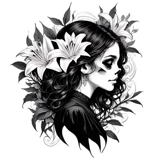 death girl profile lilys surrounding tattoo design idea