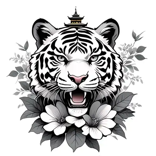 Tiger with flowers and chinese building tattoo design idea