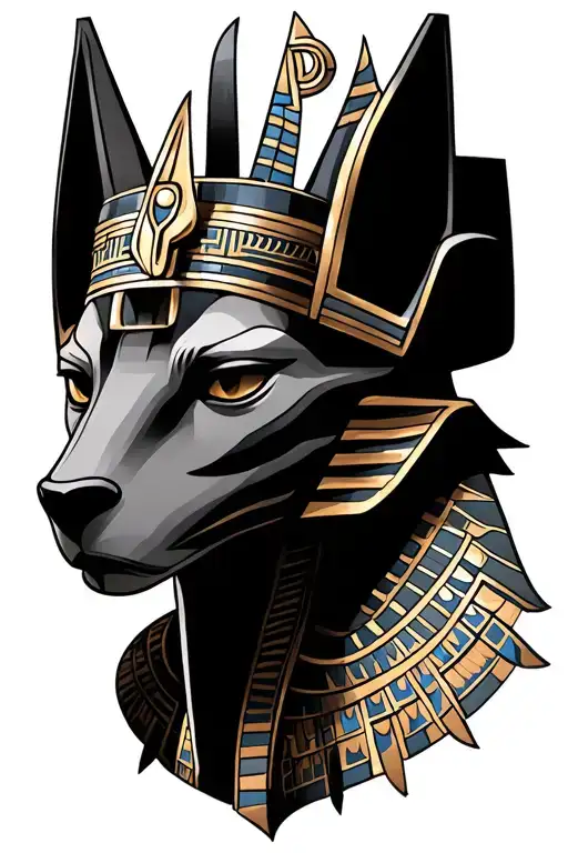 Anubis tattoo design with a double Egyptian crown, the skin of the beast, and the divine sign of Sehim  tattoo design idea