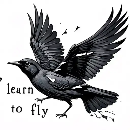 "learn to fly" blackbird with a broken wing in flight  tattoo design idea
