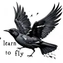"learn to fly" blackbird with a broken wing in flight  tattoo design idea