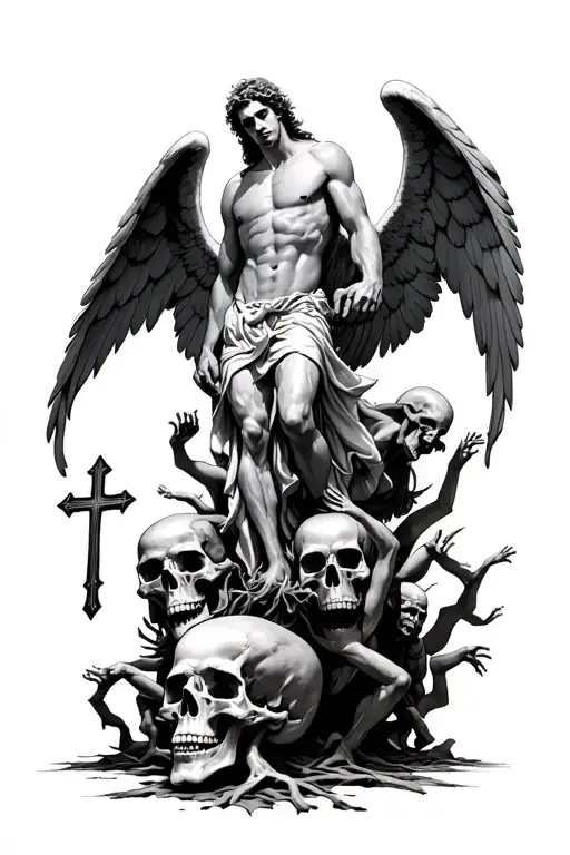 Arch Angel Michael on top of skulls with demons climbing up from below with a negative cross on tricep tattoo design idea
