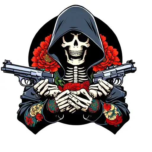 A hooded skeleton holds two silent pistols in his crossed hands tattoo design idea