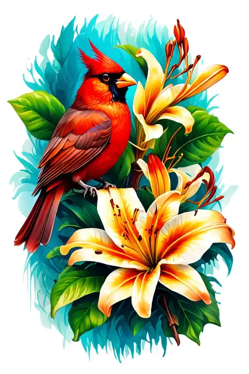 tiger Lily and cardinal bird tattoo design idea
