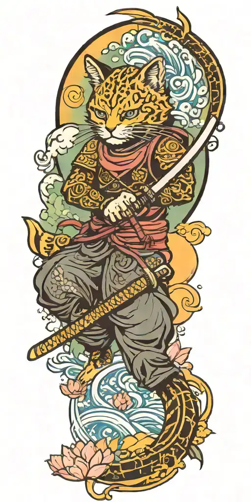 ninja cat holding katana, tail, water, waves, lotus, sakura, clouds, whirlpool, leaves, peony, sunset tattoo design idea
