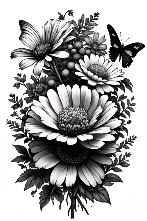 COSMOS flowers and MARIGOLD flower bouquet with butterfly  tattoo design idea