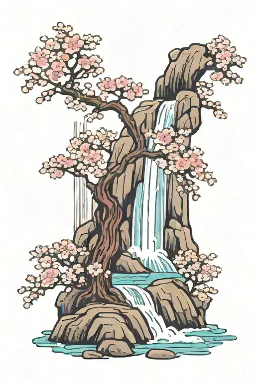 cherry blossom tree in bloom with a waterfall in the background  tattoo design idea