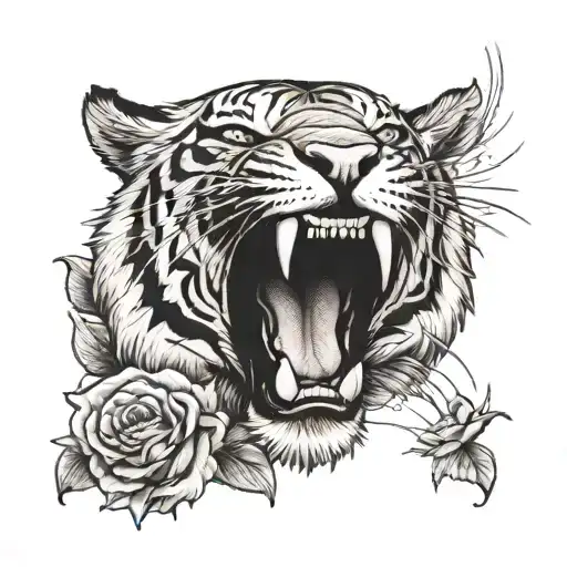 Tiger with open Mouth and Roses tattoo design idea