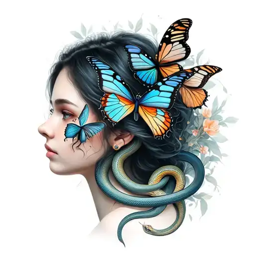 woman face portrait with butterfly's and snakes intertwined tattoo design idea