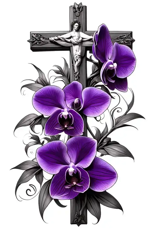 Black and Violet orchids with cruz de Jesucristo tattoo design idea