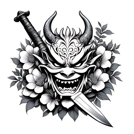 japanese oni mask holding knife surrounded by flowers tattoo design idea