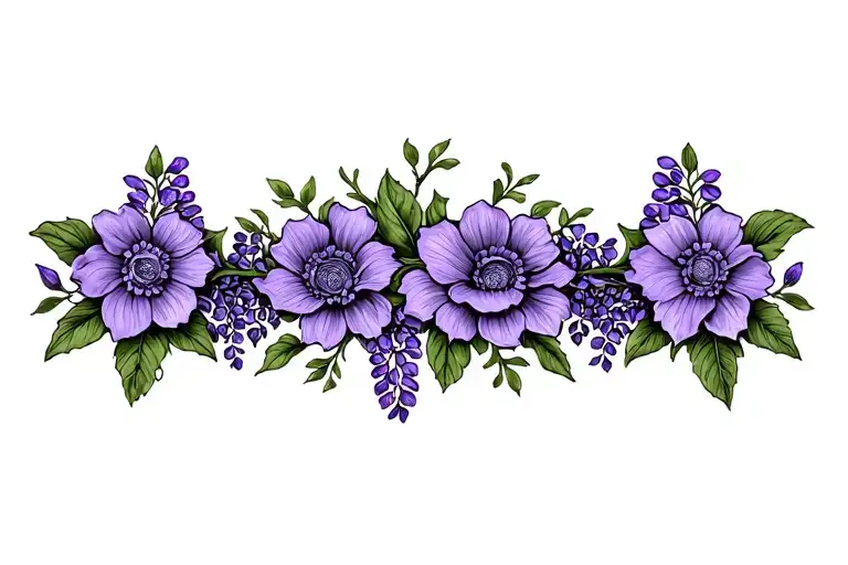 Floral Vertical Armband Tattoo With Wisteria Flowers. Color ONLY the petals purple tattoo design idea