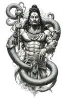 Tattoo of an angry Lord shiva with realistic snakes as background and hanuman in his chest.  tattoo design idea
