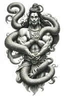 Tattoo of an angry Lord shiva with realistic snakes as background and hanuman in his chest.  tattoo design idea