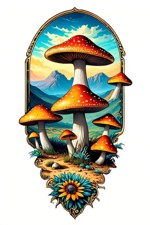 70s paisley print and mushrooms in a desert landscape tattoo design idea