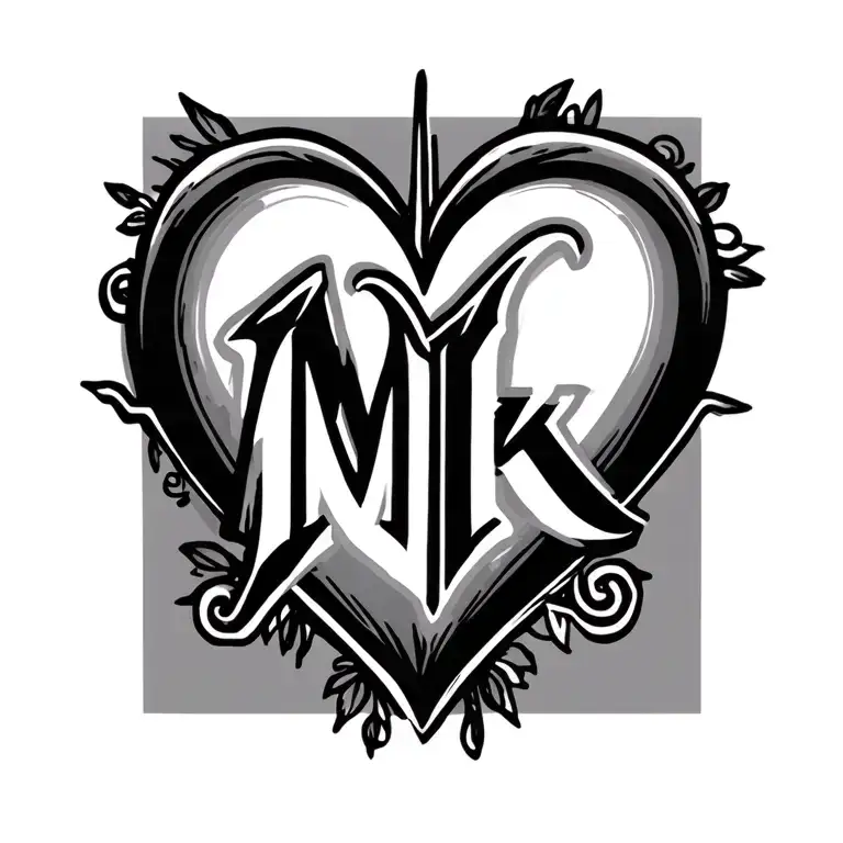 heart beat with initials M and K letter tattoo design idea