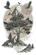 tree, mountain, sacred geometry, Bird flying tattoo design idea