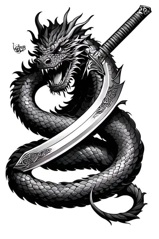 A dragon coiling around a katana sword tattoo design idea