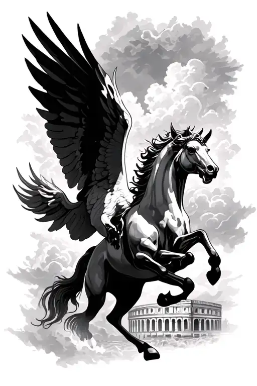 Pegasus flying with the rome choliseum at the background and clouds at the surroundings. it will be in the inner forearm tattoo design idea