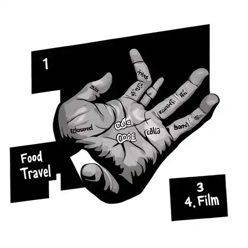 Tattoo design on the back of the Palm where words connected to all fingers. 1. Food 2. Travel 3. Code 4. Film. in Tamil tattoo design idea