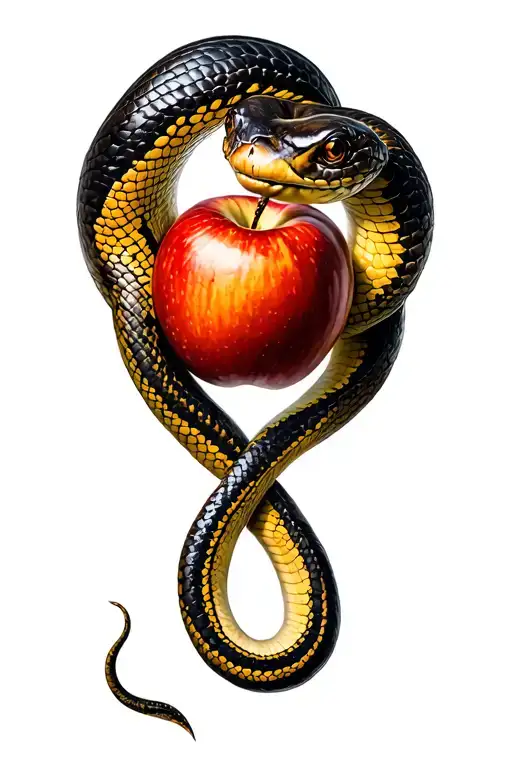 snake wrapped around tree handing over an apple with its tail tattoo design idea