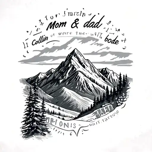 A long forearmpiece with the names Mom Dad Collin bode written  as well as a mountain scene in the back too fill full tattoo design idea