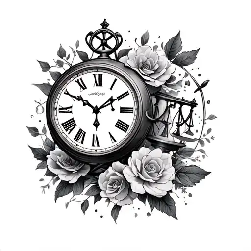 please design me a tattoo including an old fashioned clock, Aquarius star sign, Libra star sign, mother, daughter and Li tattoo design idea