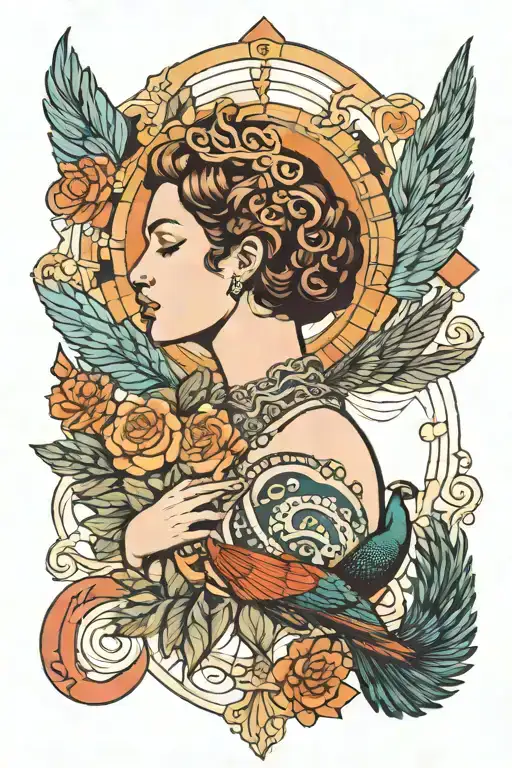 aphrodite and peacocks features intricate geometric patterns tattoo design idea