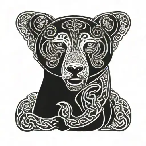 celtic knot intertwined with celtic knot work bear perched on top, pictish wave boarder tattoo design idea