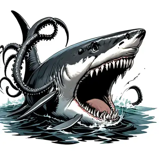 Shark with closed mouth attacked by a piovra with its tentacles tattoo design idea
