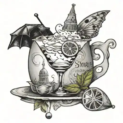a tattoo including a tea bag, the take that symbol, cinderellas carriage, the sims plumbob and a martini glass with 3 ol tattoo design idea