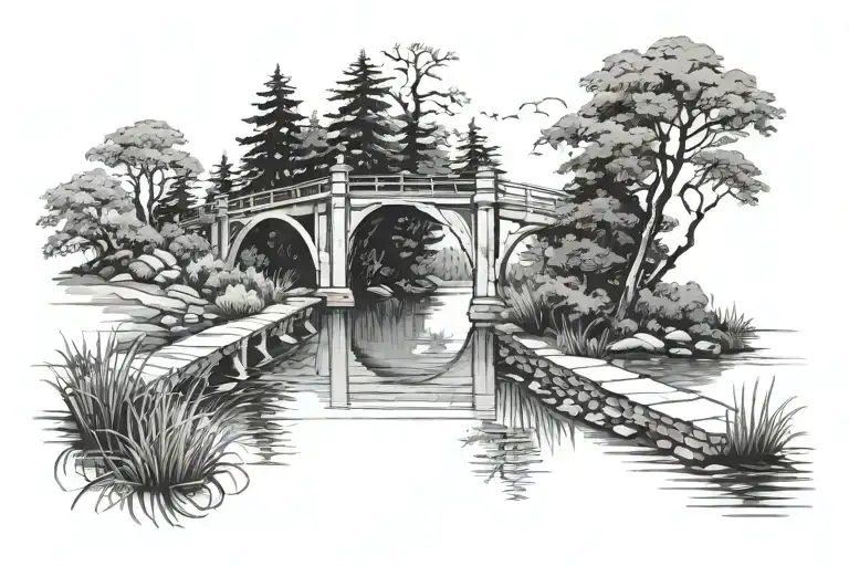 bridge over water and trees tattoo design idea