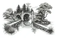 bridge over water and trees tattoo design idea