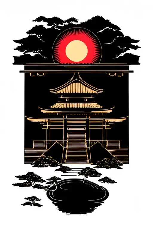 Japanese sun, Shinto shrine in a wood block print style tattoo design idea