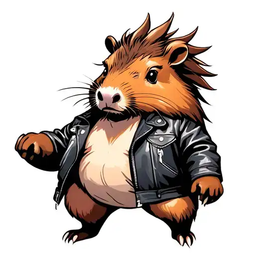 Capybara, wearing a leather jacket, punk style, with spiked hair, standing on two legs, tattoo design idea