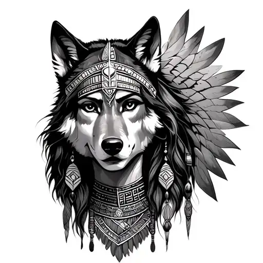 aztec princess with wolf looking forward tattoo design idea