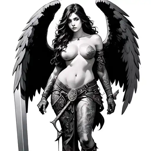 large breasted warrior angel sexy with sword tattoo design idea